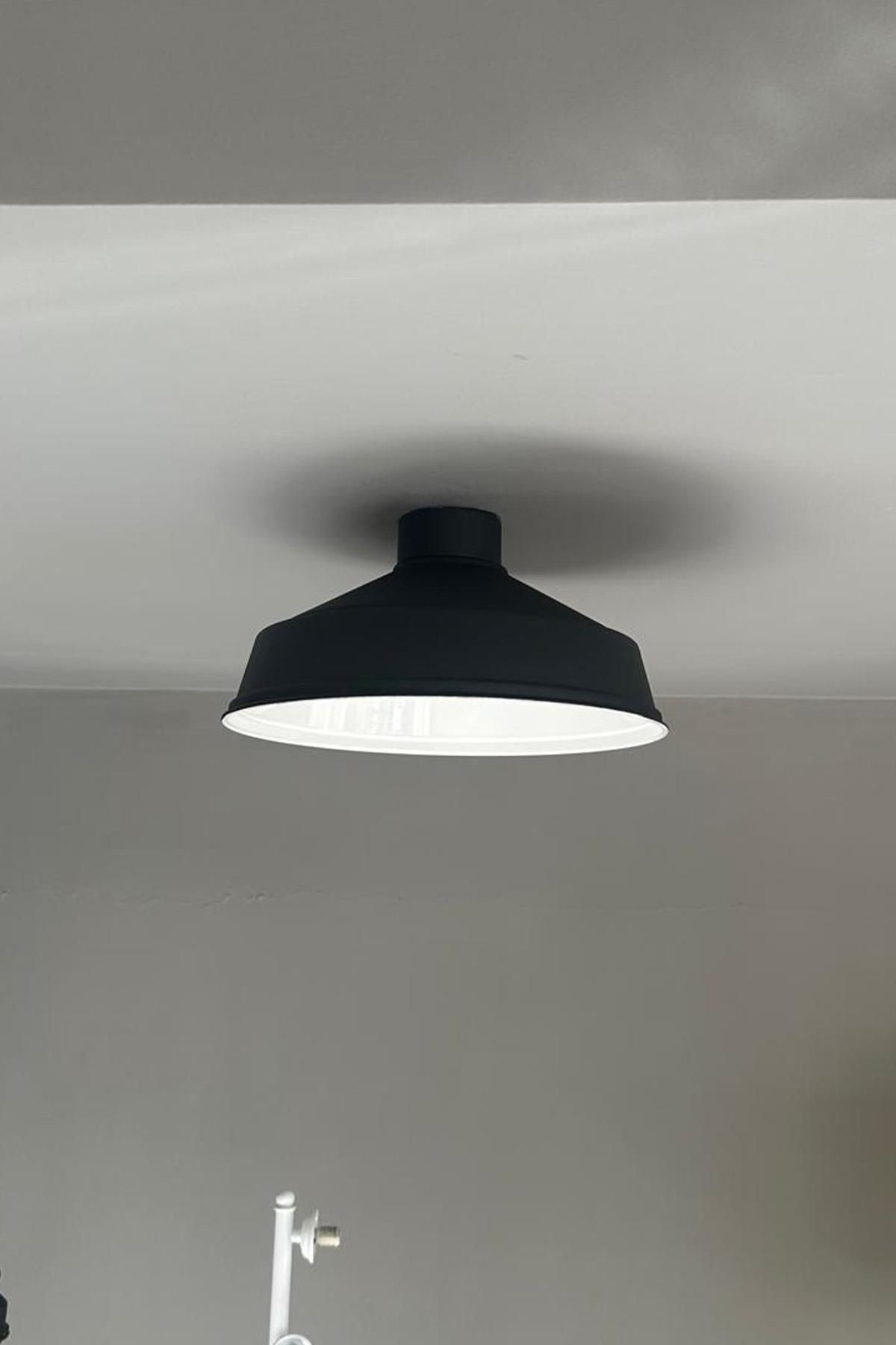 Siyah İç Beyaz Planfonyer Tekli Avize  Retro Sarkıt Lamba Restoran Salon Aydınlatma