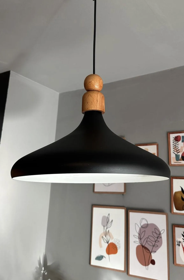 Siyah İç Beyaz Tekli Avize Kalın Ahşap Boncuk Sarkıt Salon Mutfak Pastane Lamba Aydınlatma Avizeler