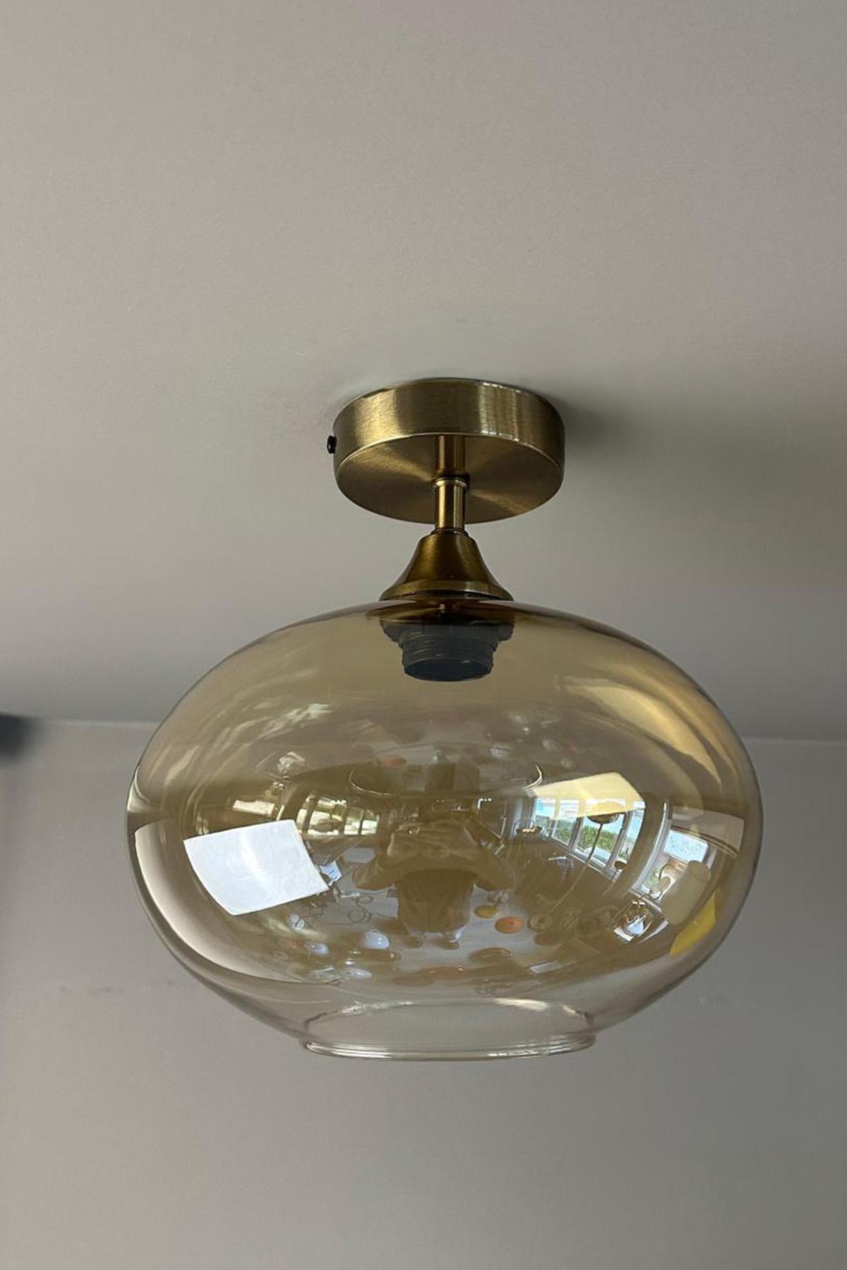 Solvia Cam Bal Rengi Piramit Plafonyer Başlık Tekli Avize Retro Sarkıt Lamba Salon Aydınlatma