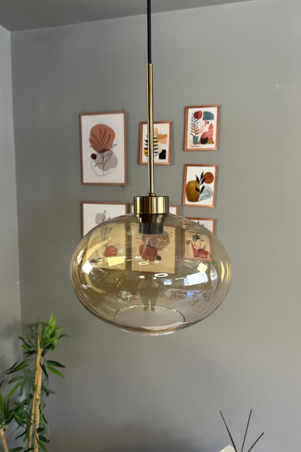 Solvia Cam Bal Rengi Tekli Avize İnce Eskitme Başlık Retro Sarkıt Lamba Salon Aydınlatma