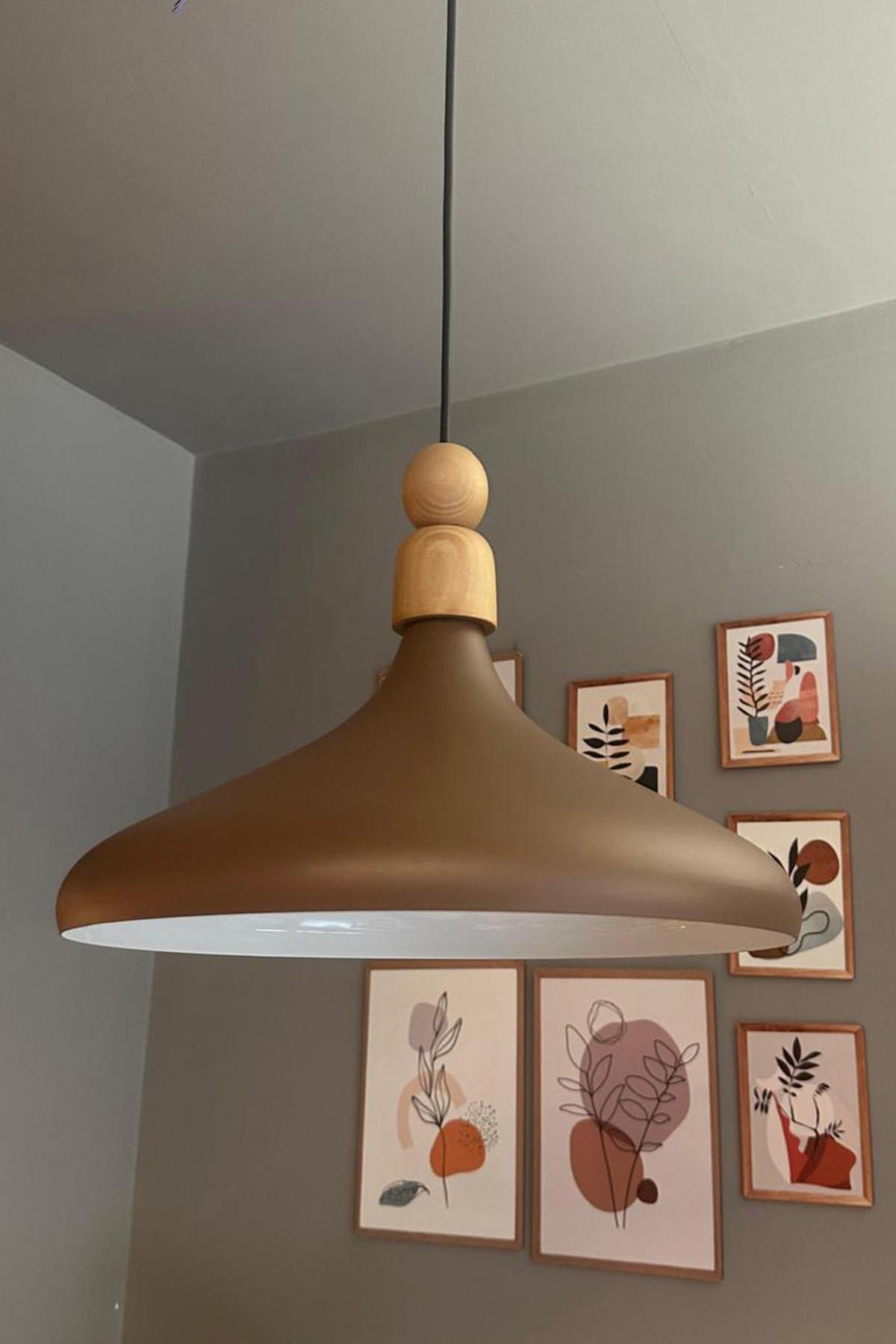 Sütlü Kahve Tekli Avize Kalın Ahşap Boncuk Sarkıt Salon Mutfak Cafe Pastane Lamba Aydınlatma