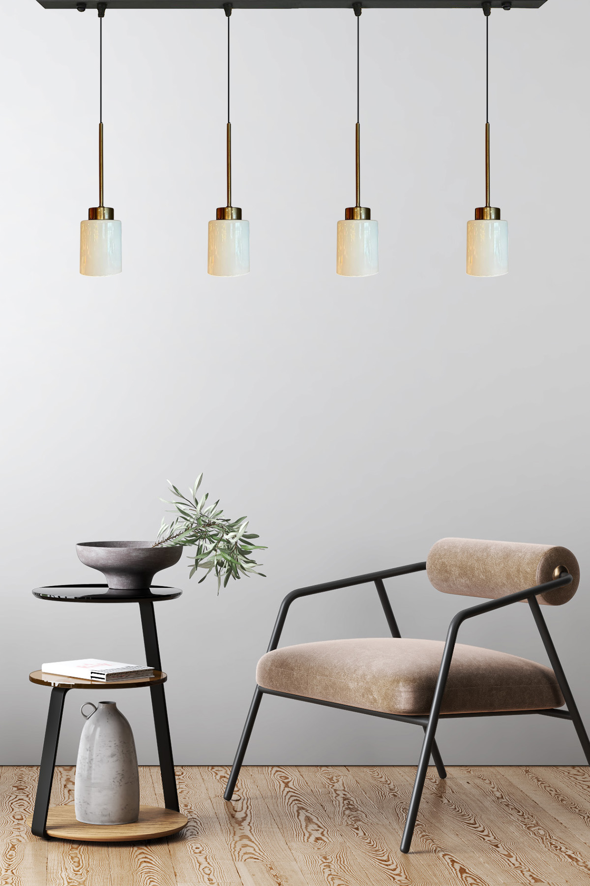 Tiny Beyaz Cam Dörtlü Avize İnce Eskitme Başlık Modern E27 Sarkıt