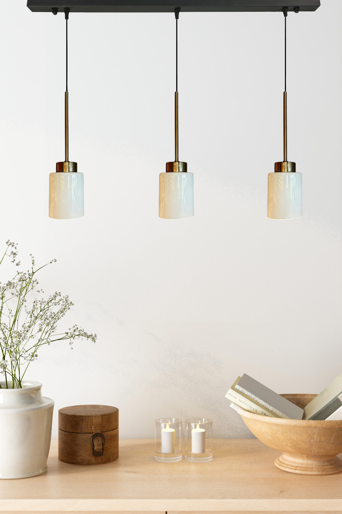 Tiny Beyaz Cam Üçlü Avize İnce Eskitme Başlık Retro Sarkıt Lamba Restoran Salon Aydınlatma