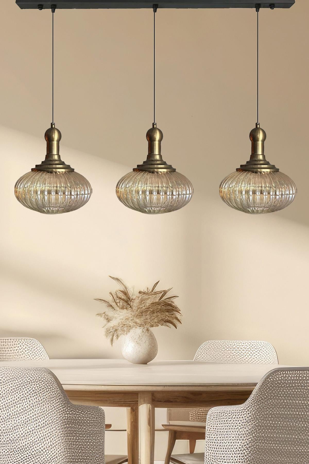 Üçlü Elegant Cam Bal Rengi Avize Eskitme Long Knob Başlık Sarkıt Lamba Restoran Salon Aydınlatma