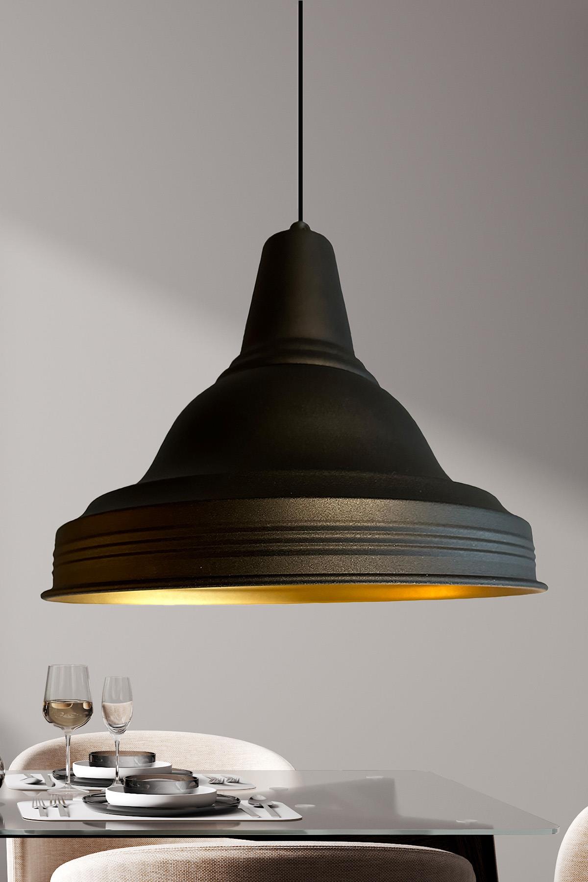 Ulmete Siyah Metal Başlık Tekli Sarkıt Avize Salon Ofis Otel Restoran Avizeleri Vintage Tasarım