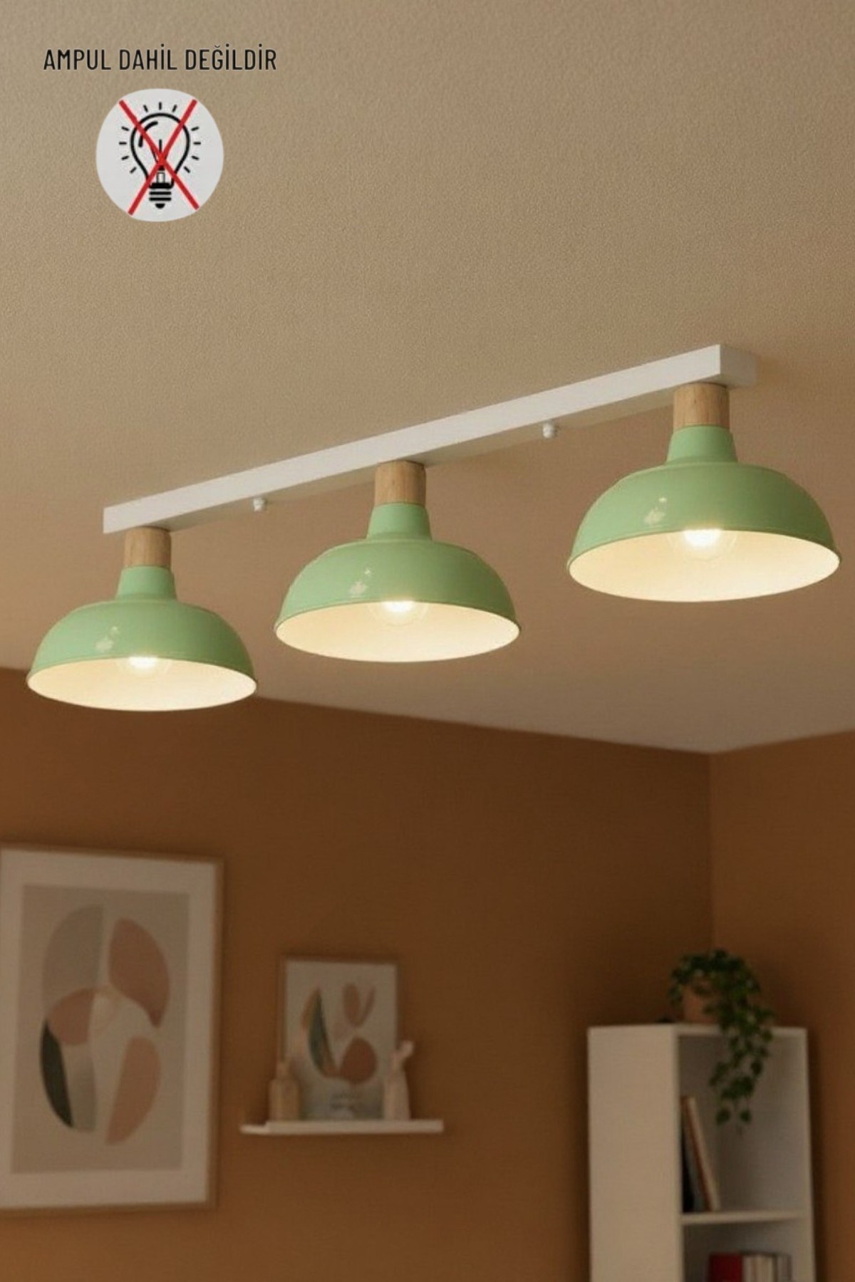 Veluna Mint Üçlü Plafonyer Kalın Ahşap Başlık Tekli Retro Restoran Salon Aydınlatma