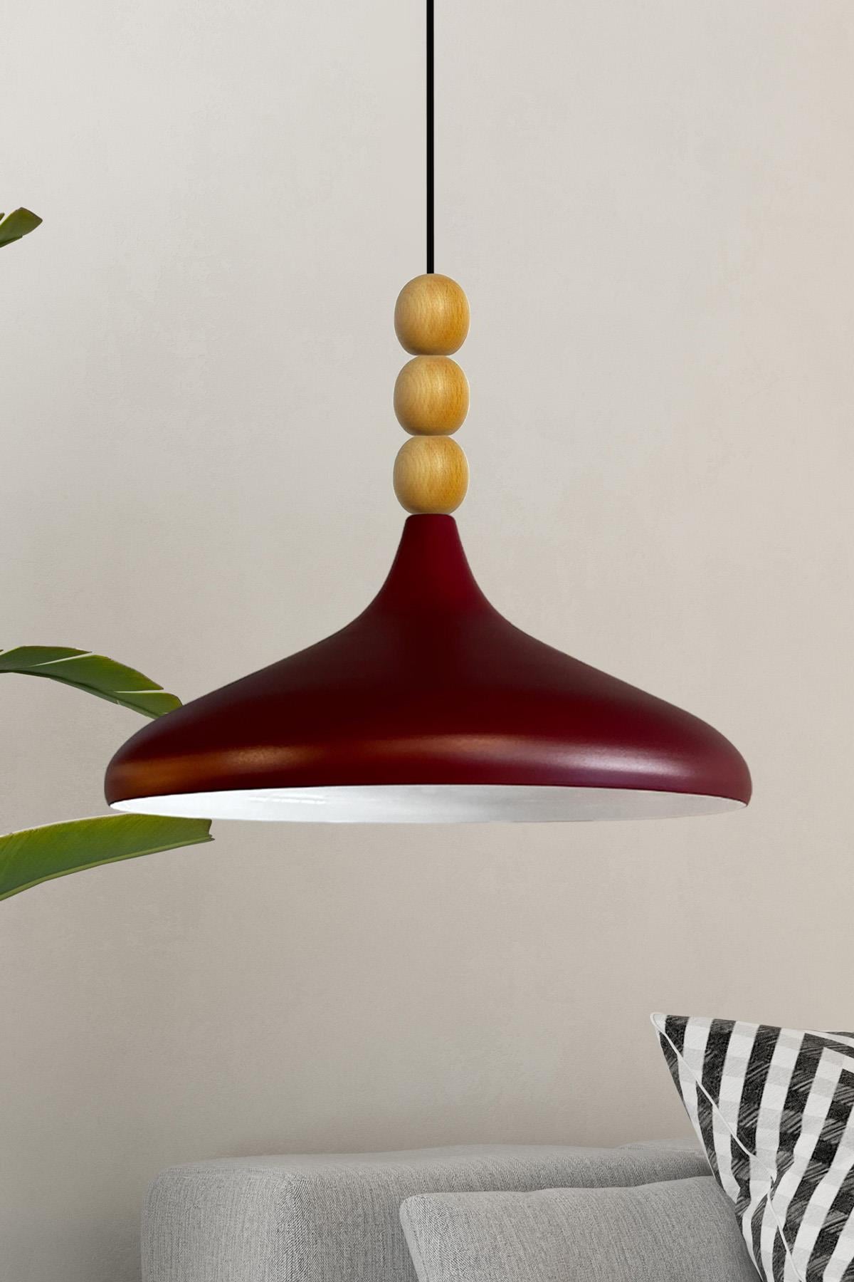 Vişne Çürüğü Ahşap Boncuklu Tekli Avize Sarkıt Salon Butik Lamba Aydınlatma Avizeler