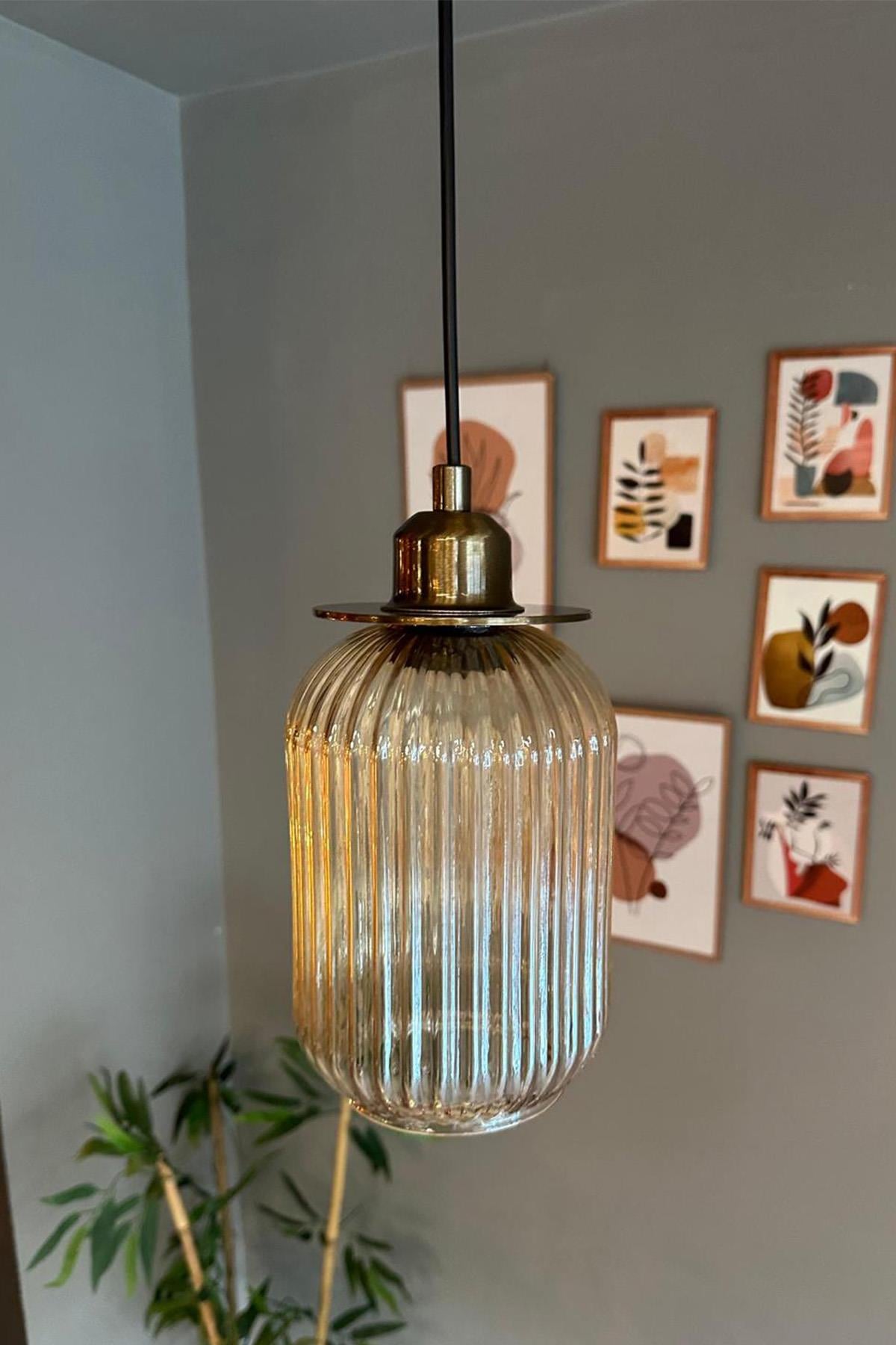 Wingmn Bal Rengi Cam Tekli Avize Eskitme İnce UBaşlık Retro Sarkıt Restoran Salon Aydınlatma