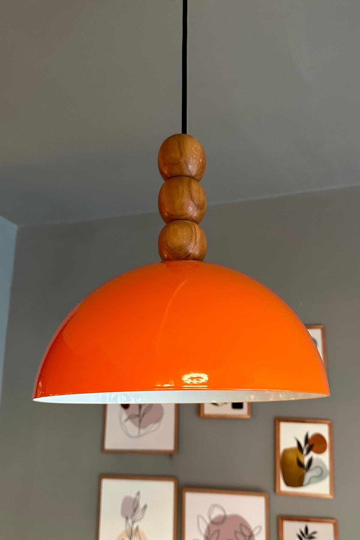Yimpi Parlak Turuncu Avize Ahşap Üç Boncuk Tekli Sarkıt Salon Cafe Lamba Dekoratif Aydınlatma