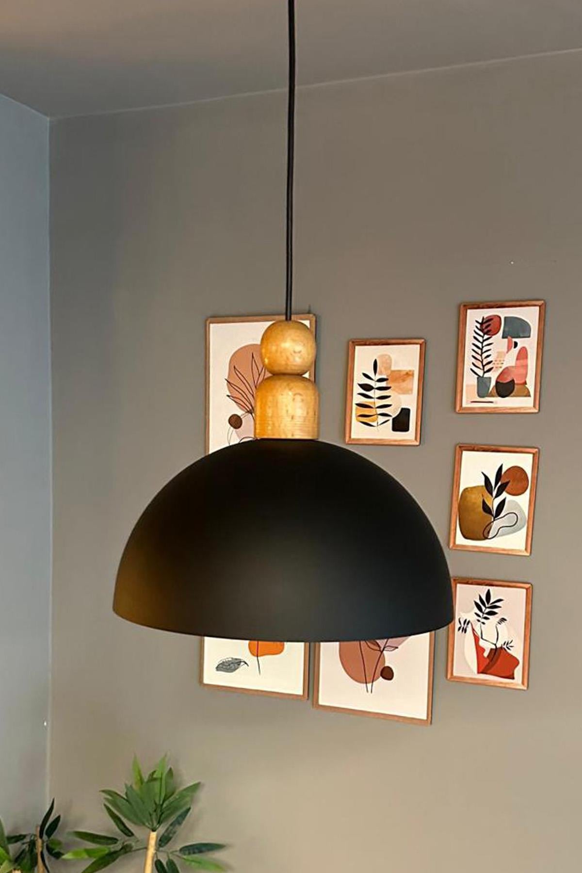 Yimpi Siyah Kalın Ahşap Boncuk Başlık Avize Tekli Sarkıt Salon Dekoratif Aydınlatma Pastane