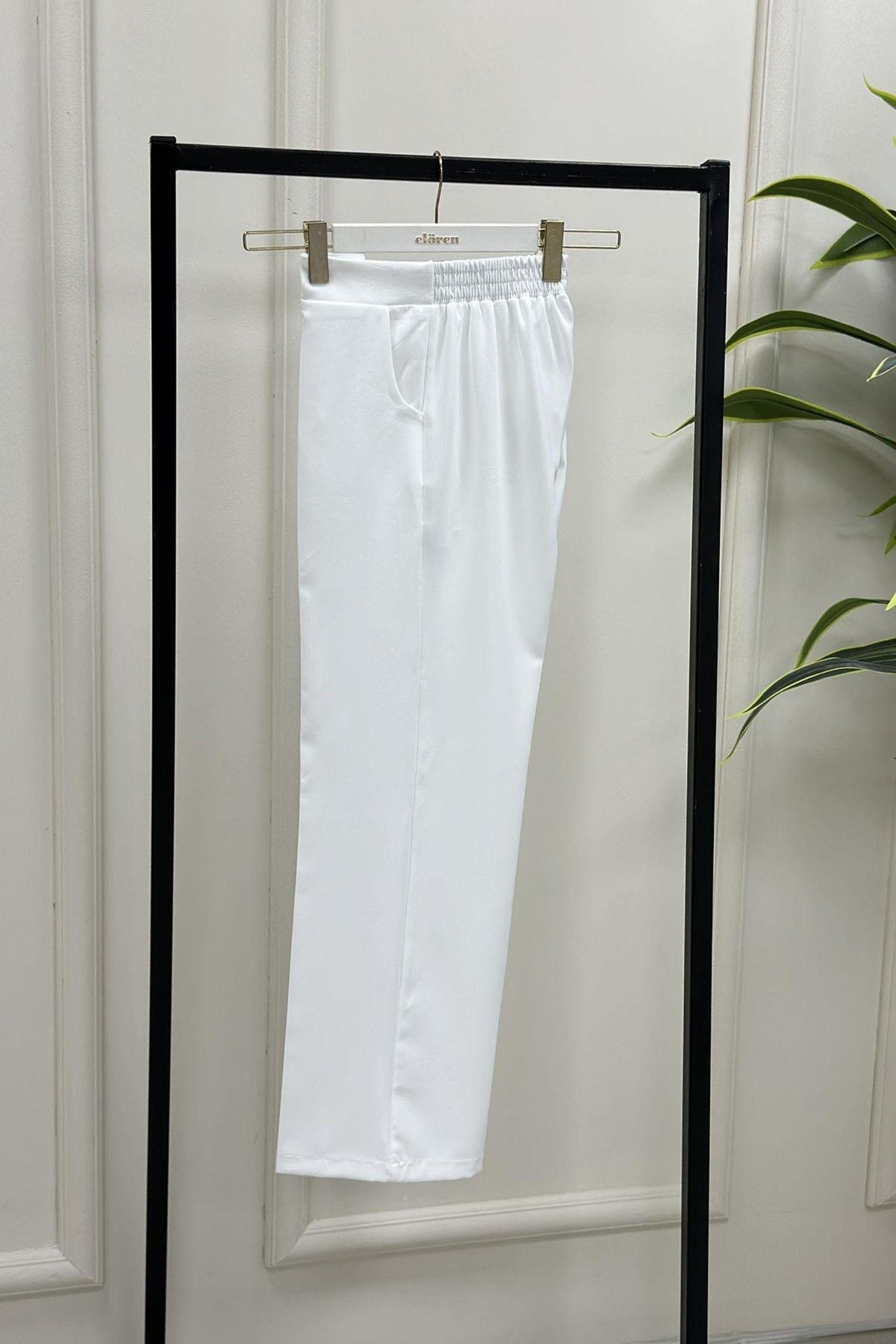 Kadın Beyaz Dabıl Krep Kumaş Beli Lastikli Bol Paça Pantolon