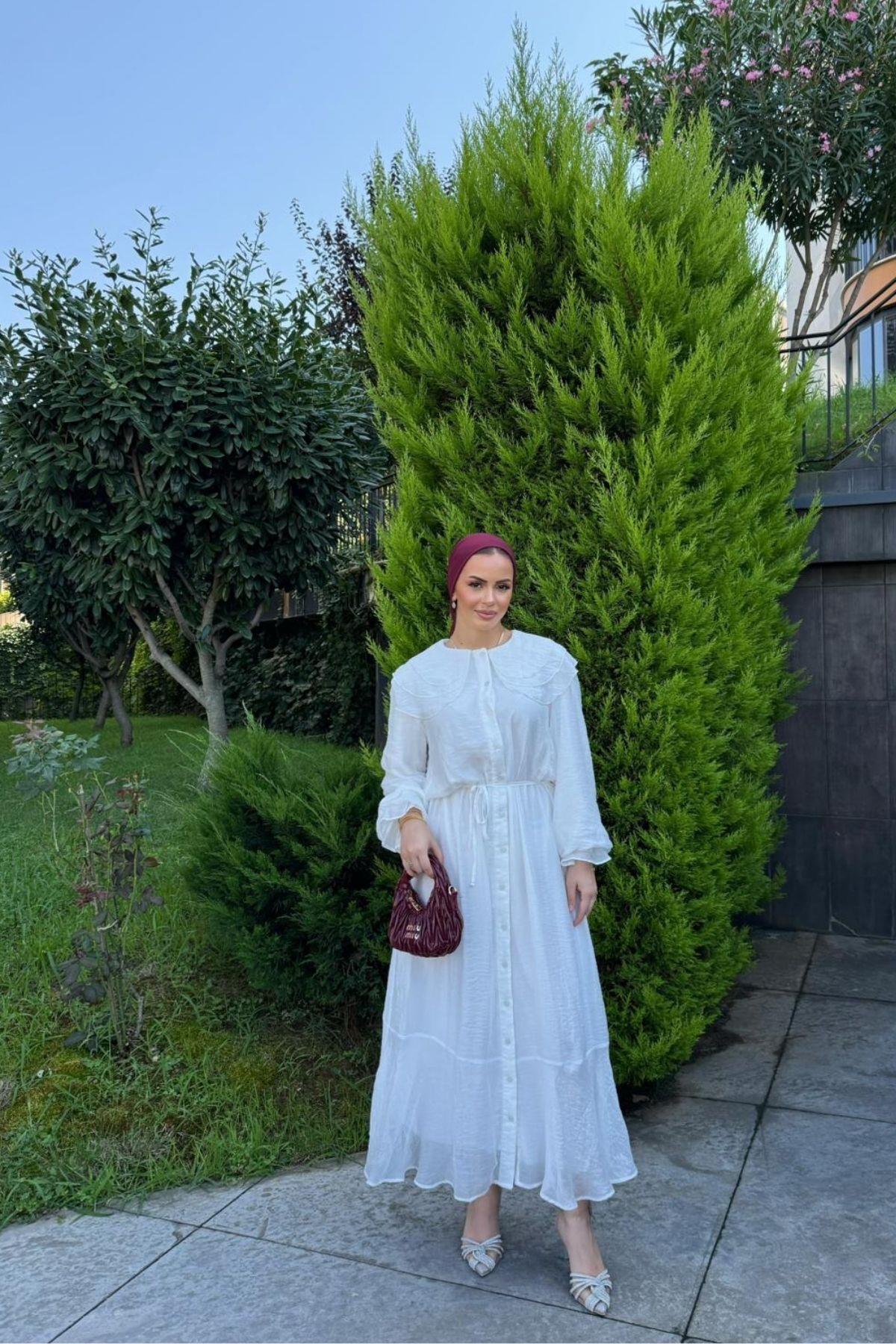 Kadın Beyaz Yaka Detaylı Boydan Düğmeli Elbise