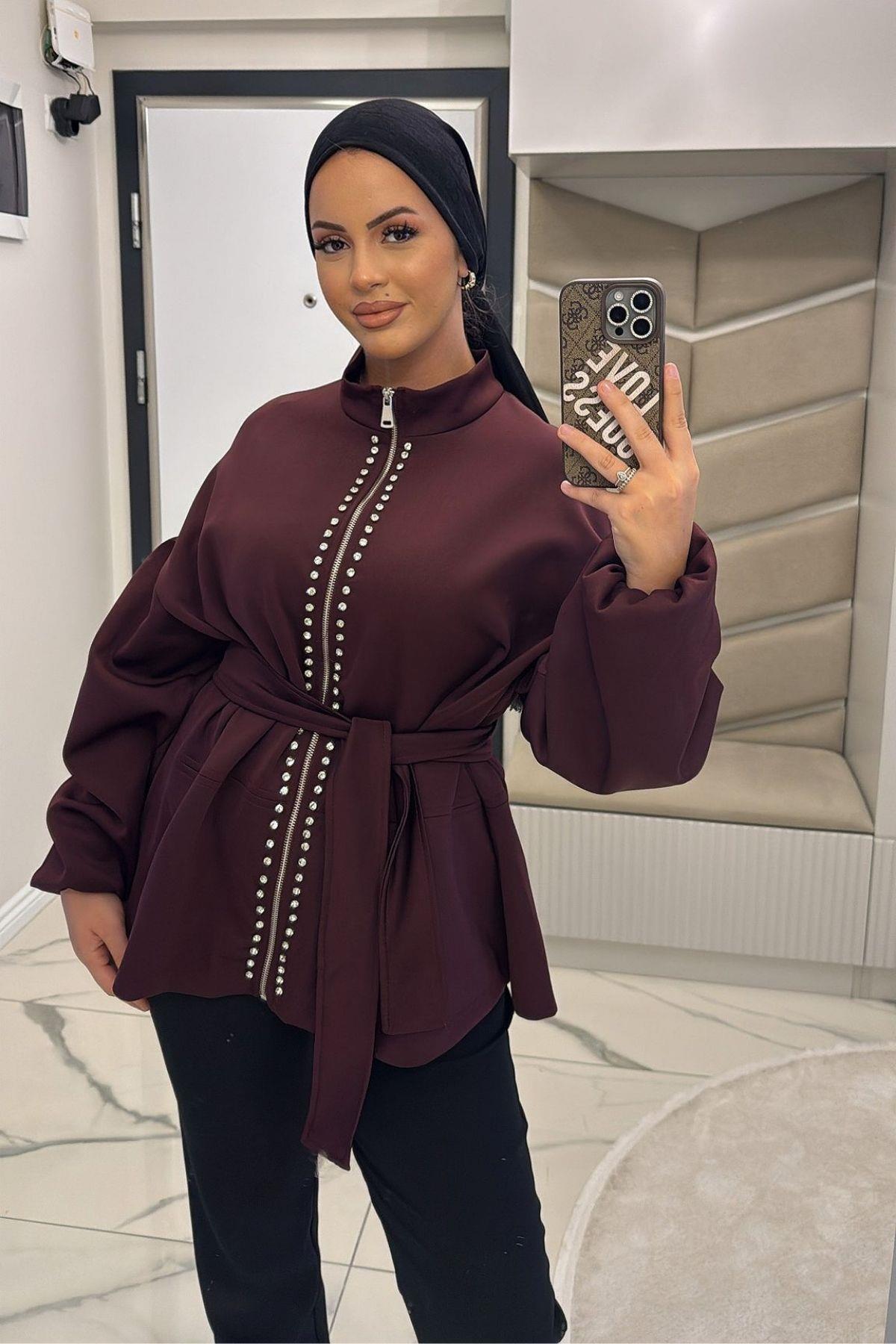 Kadın Bordo Fermuarlı Taş Detaylı Ceket