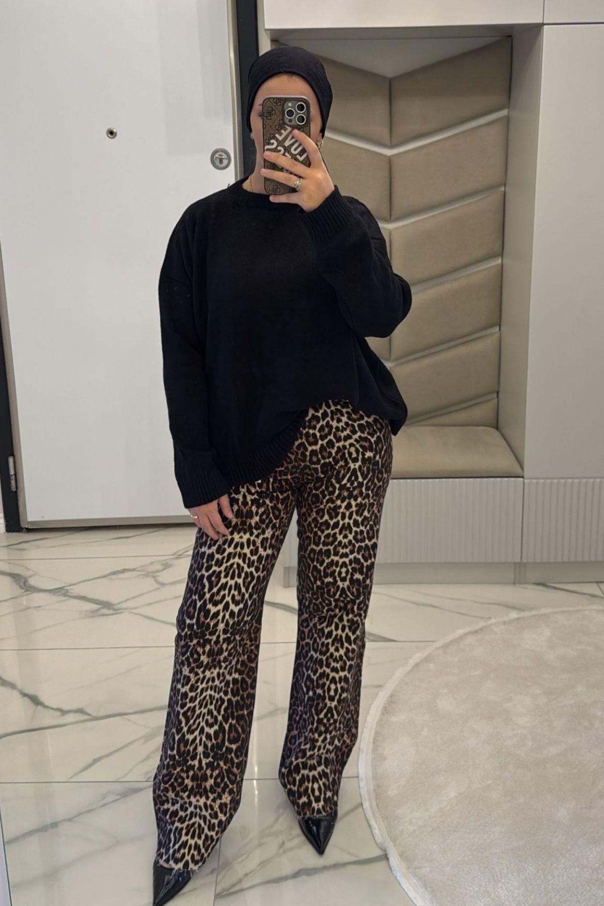 Kadın Leopar Desenli Palazzo Pantolon