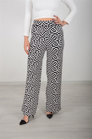 Kadın Siyah Beyaz Ekose Desenli Pantolon T1238