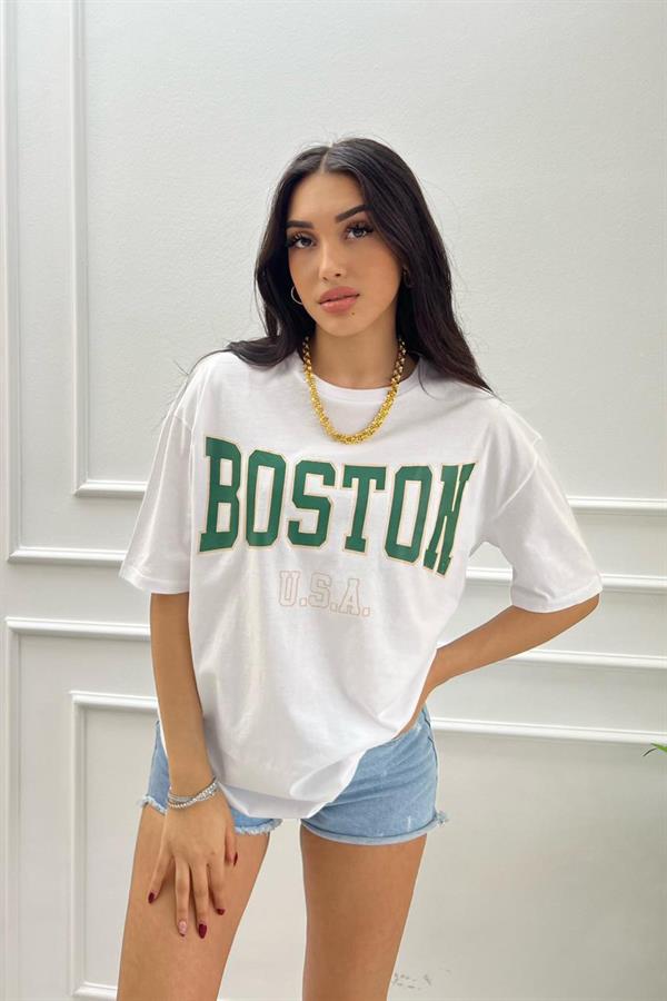 Beyaz Yeşil Boston Baskılı Tişört 3853