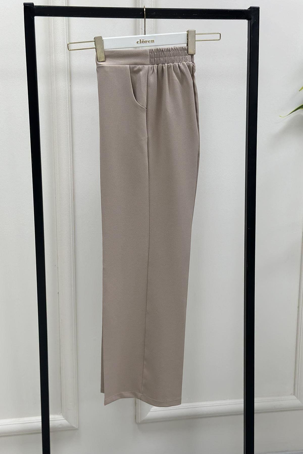 Kadın Bej Dabıl Krep Kumaş Beli Lastikli Bol Paça Pantolon