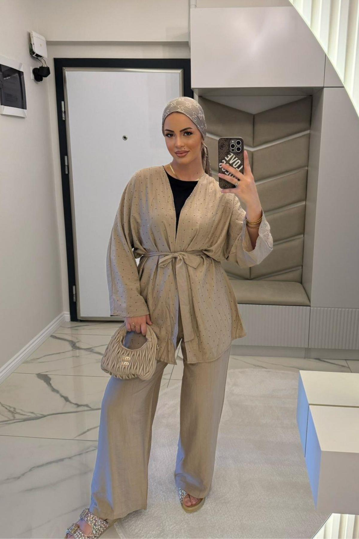 Kadın Bej Taş Detaylı Kimono Takım