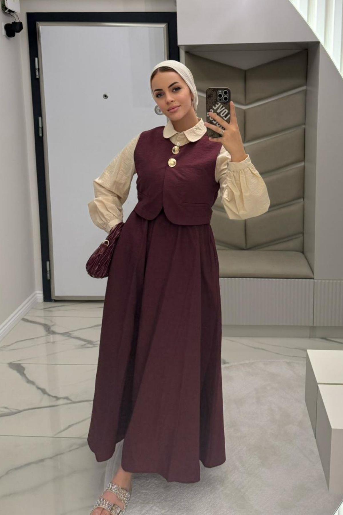 Kadın Bordo Keten Kumaş Düğmeli Ceketli 3lü Takım