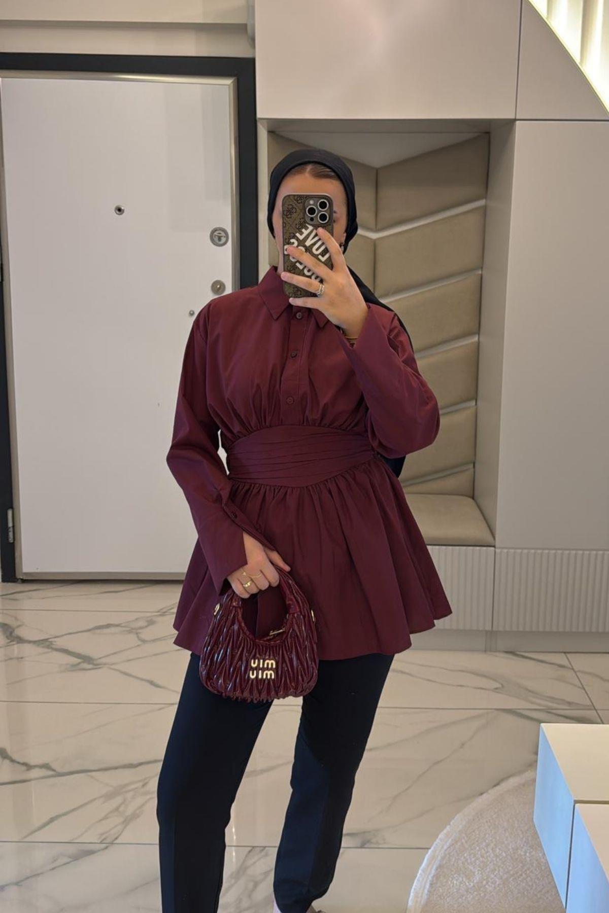 Kadın Bordo Korsaj Detay Gömlek