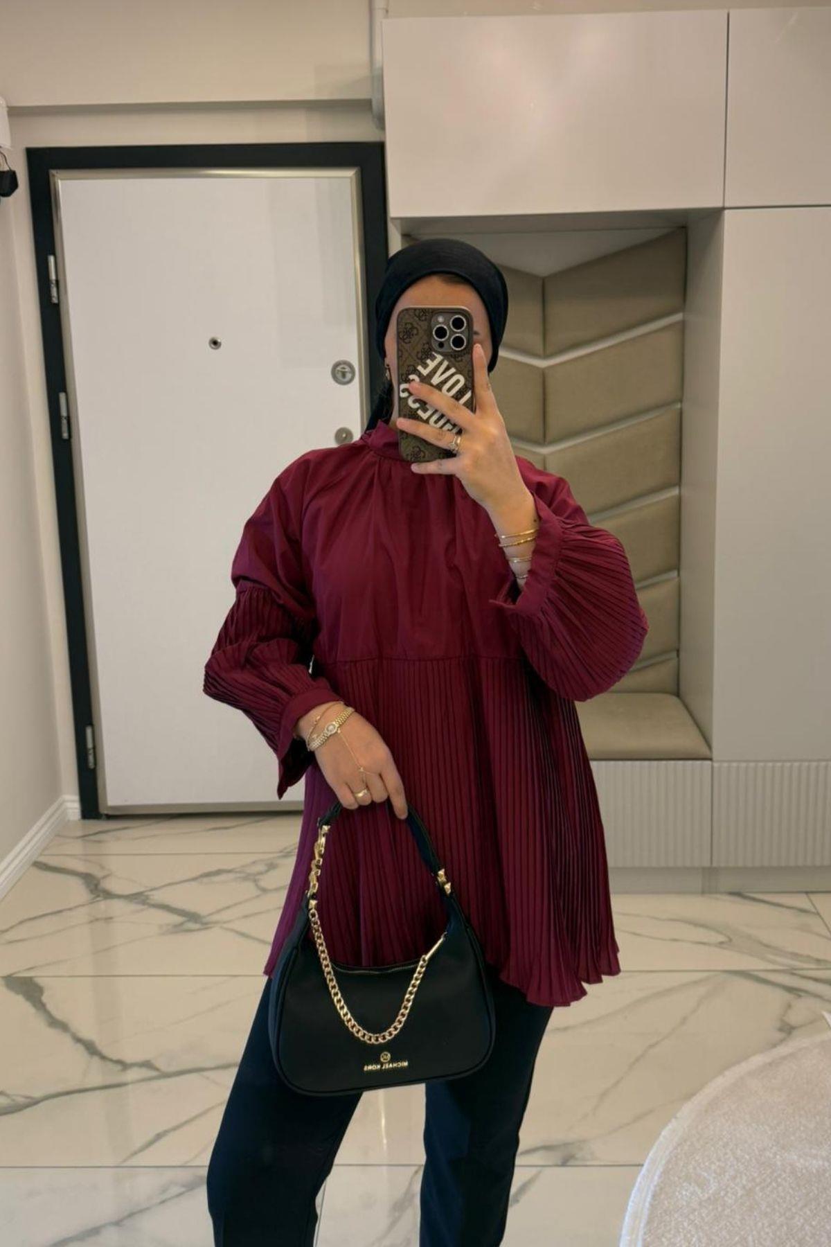 Kadın Bordo Kraş Detaylı Bağlamalı Bluz