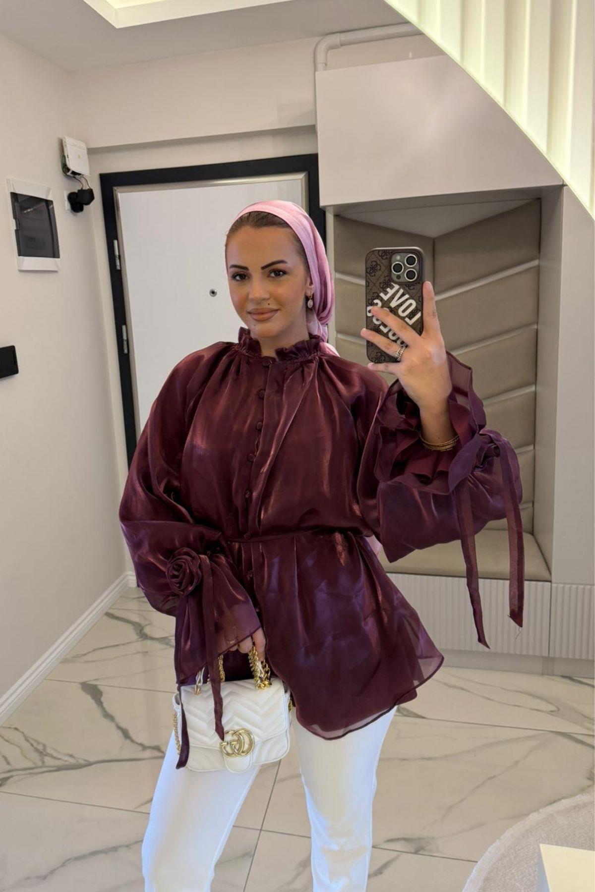 Kadın Bordo Organze Gül Detalı Bluz