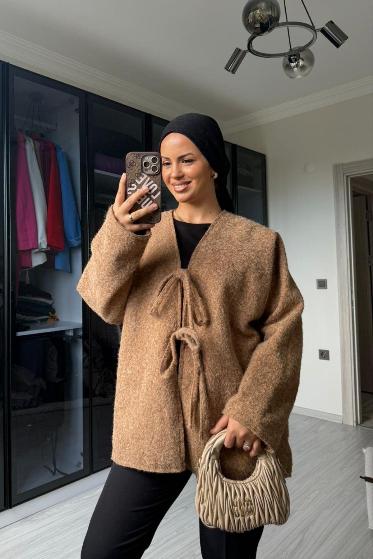 Kadın Camel Önü Bağlamalı Kırçıllı Ceket