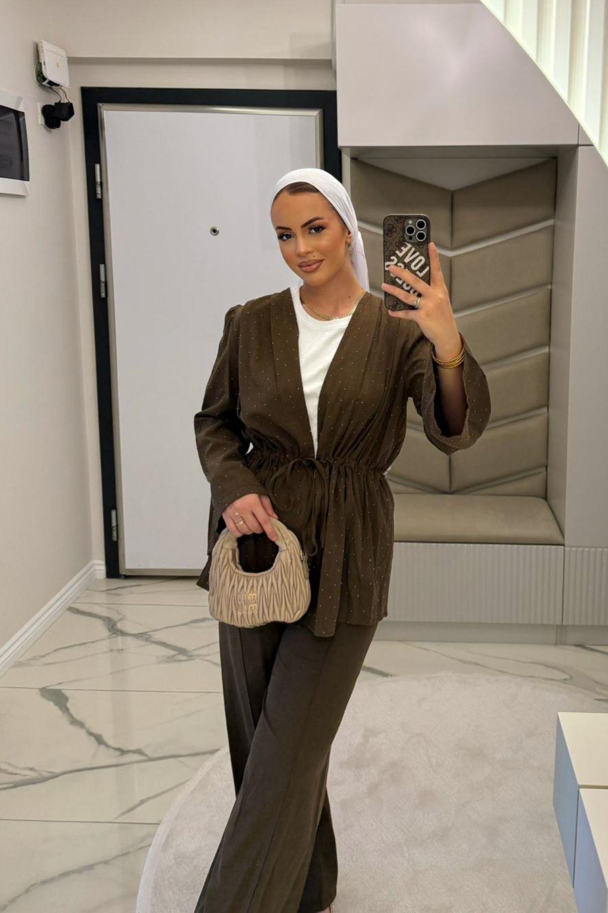 Kadın Kahve Vual Taşlı Kimono Takım