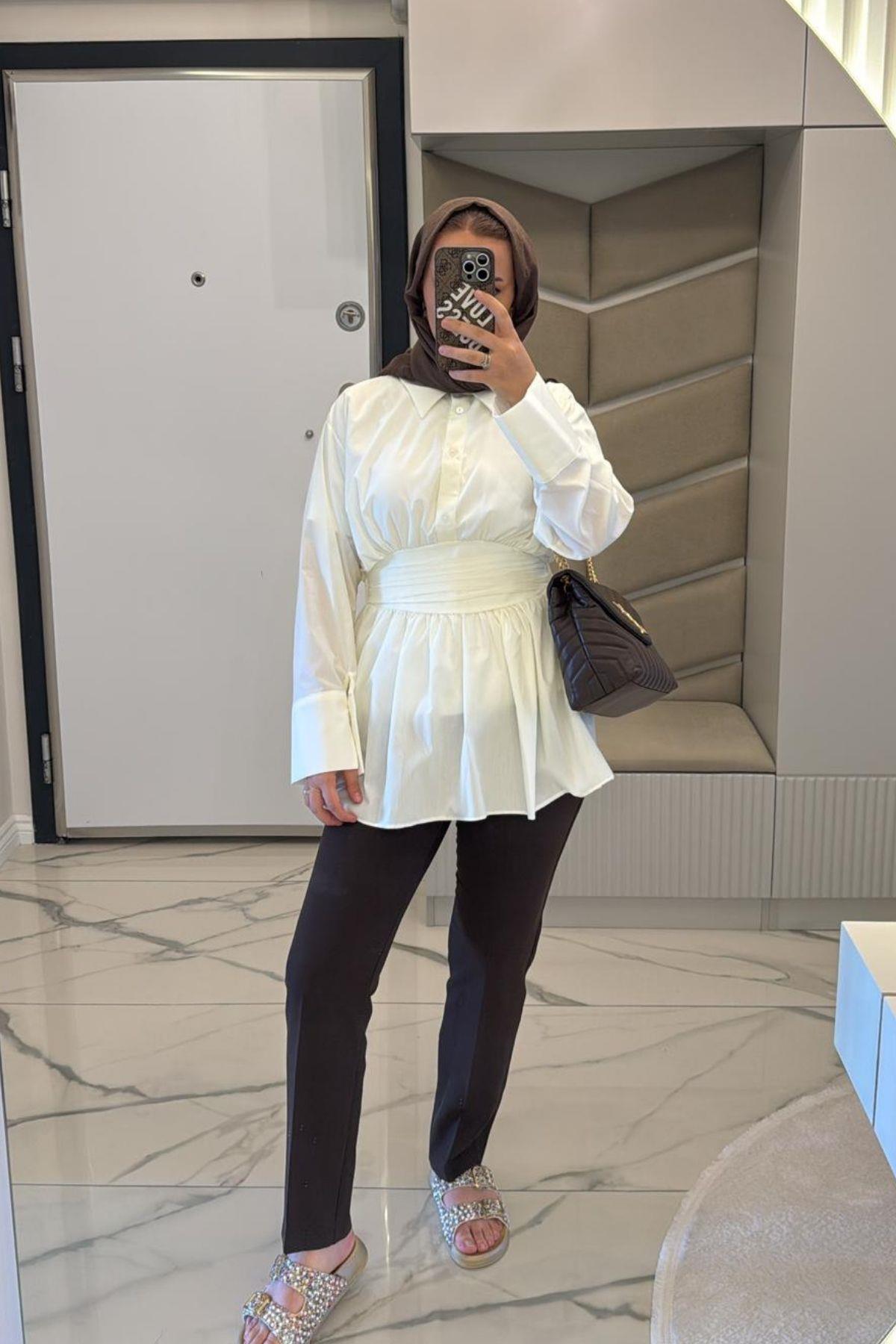 Kadın Kahverengi Likralı Dabıl Kumaş Beli Lastikli Dar Paça Pantolon