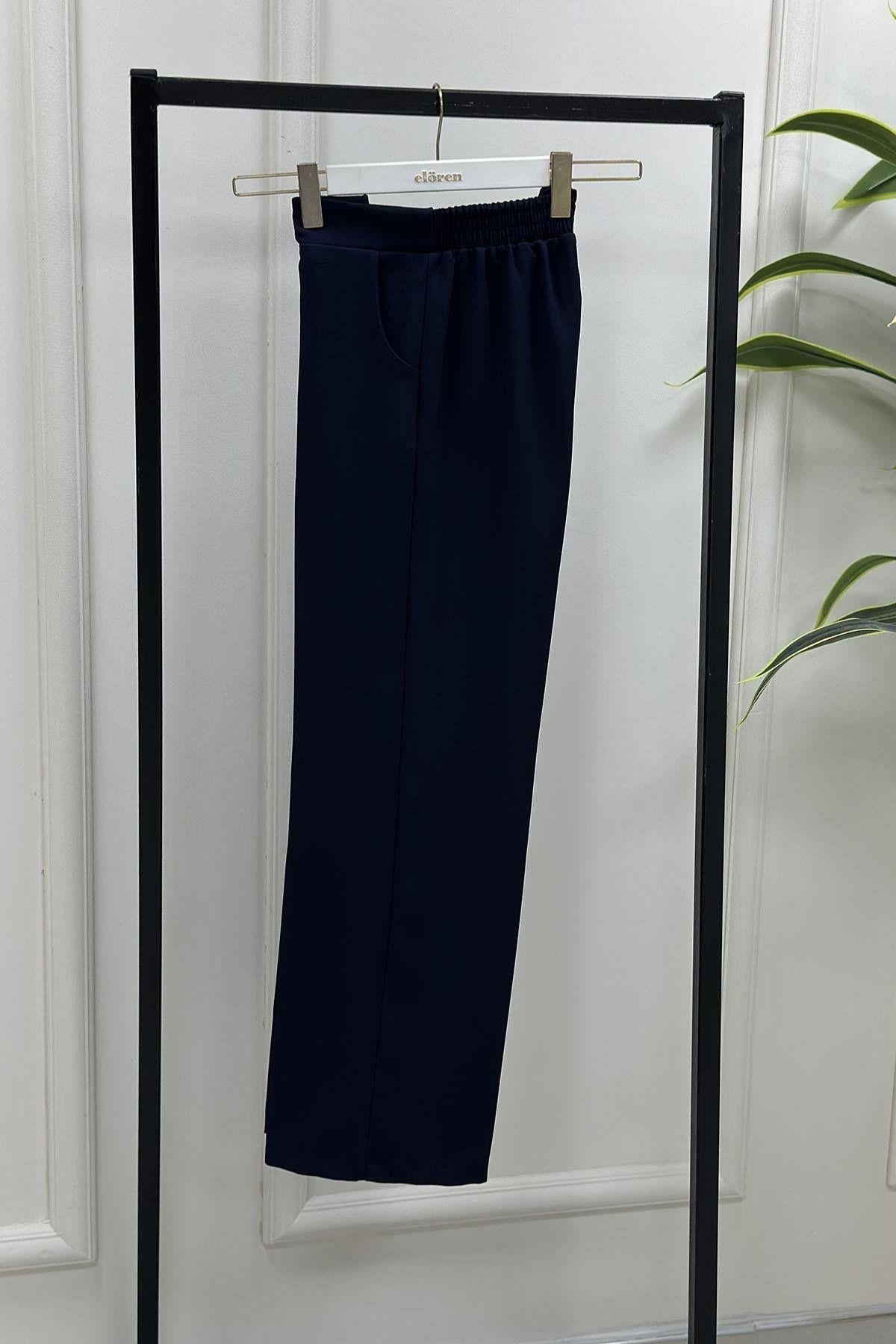 Kadın Lacivert Dabıl Krep Kumaş Beli Lastikli Bol Paça Pantolon