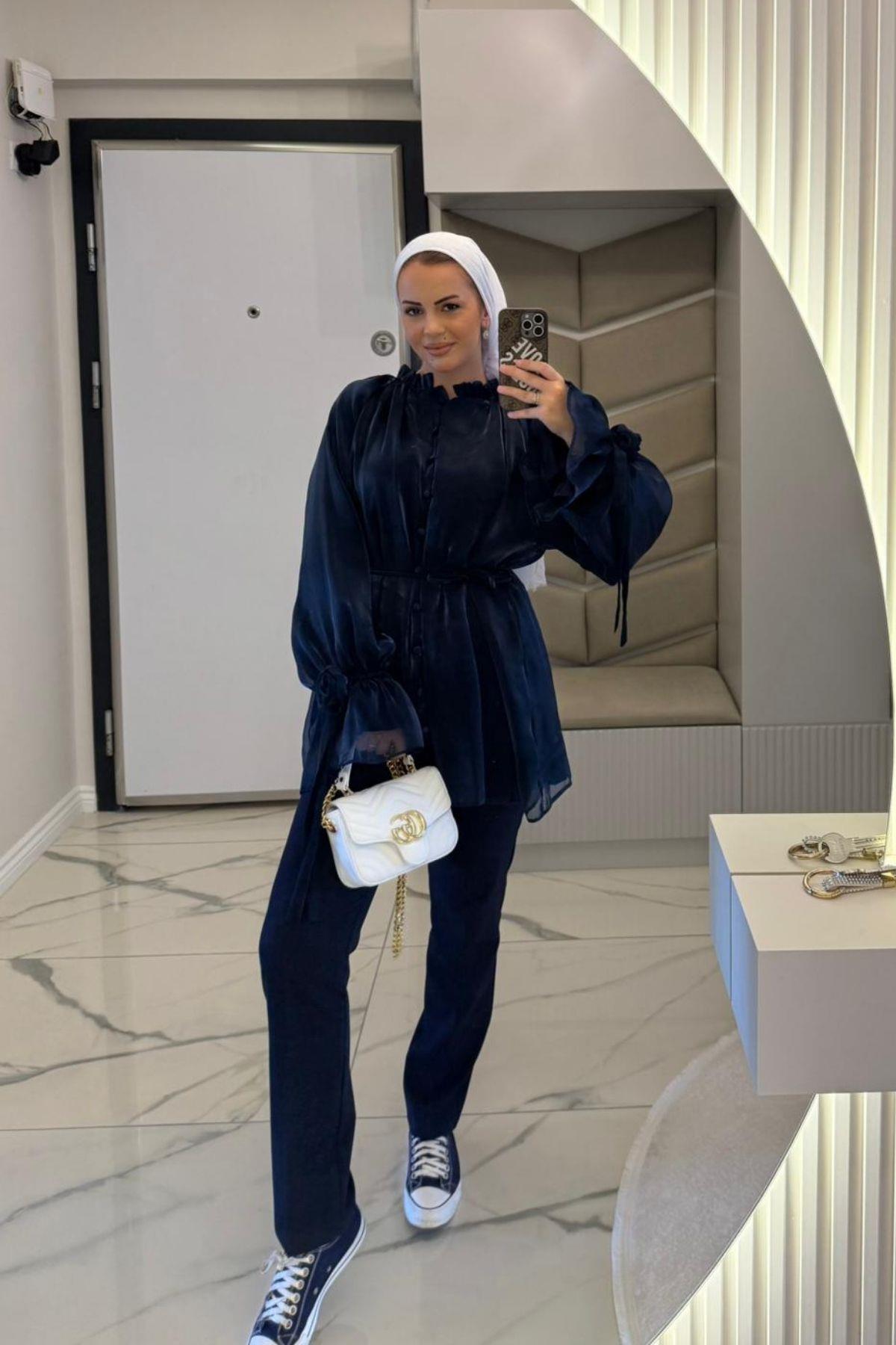 Kadın Lacivert Likralı Dabıl Kumaş Beli Lastikli Dar Paça Pantolon