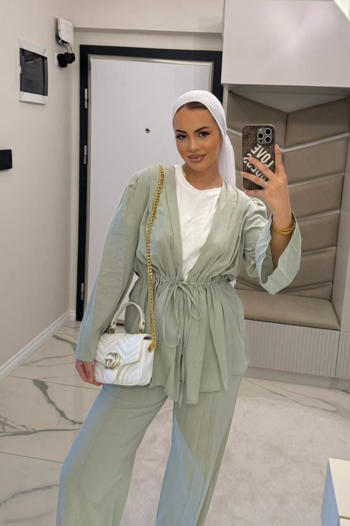 Kadın Mint Yeşil Vual Taşlı Kimono Takım