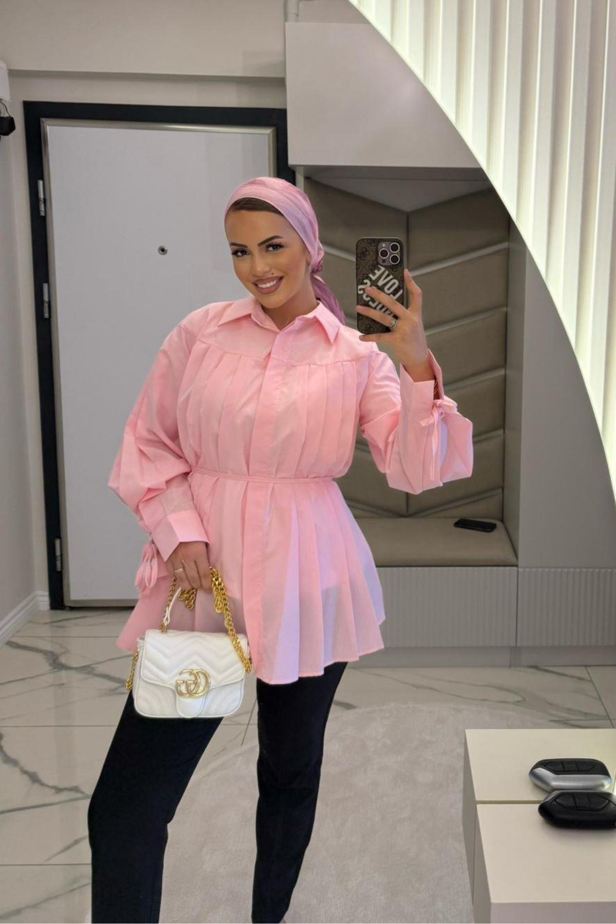 Kadın Pembe Plikaşe Kollu Gömlek