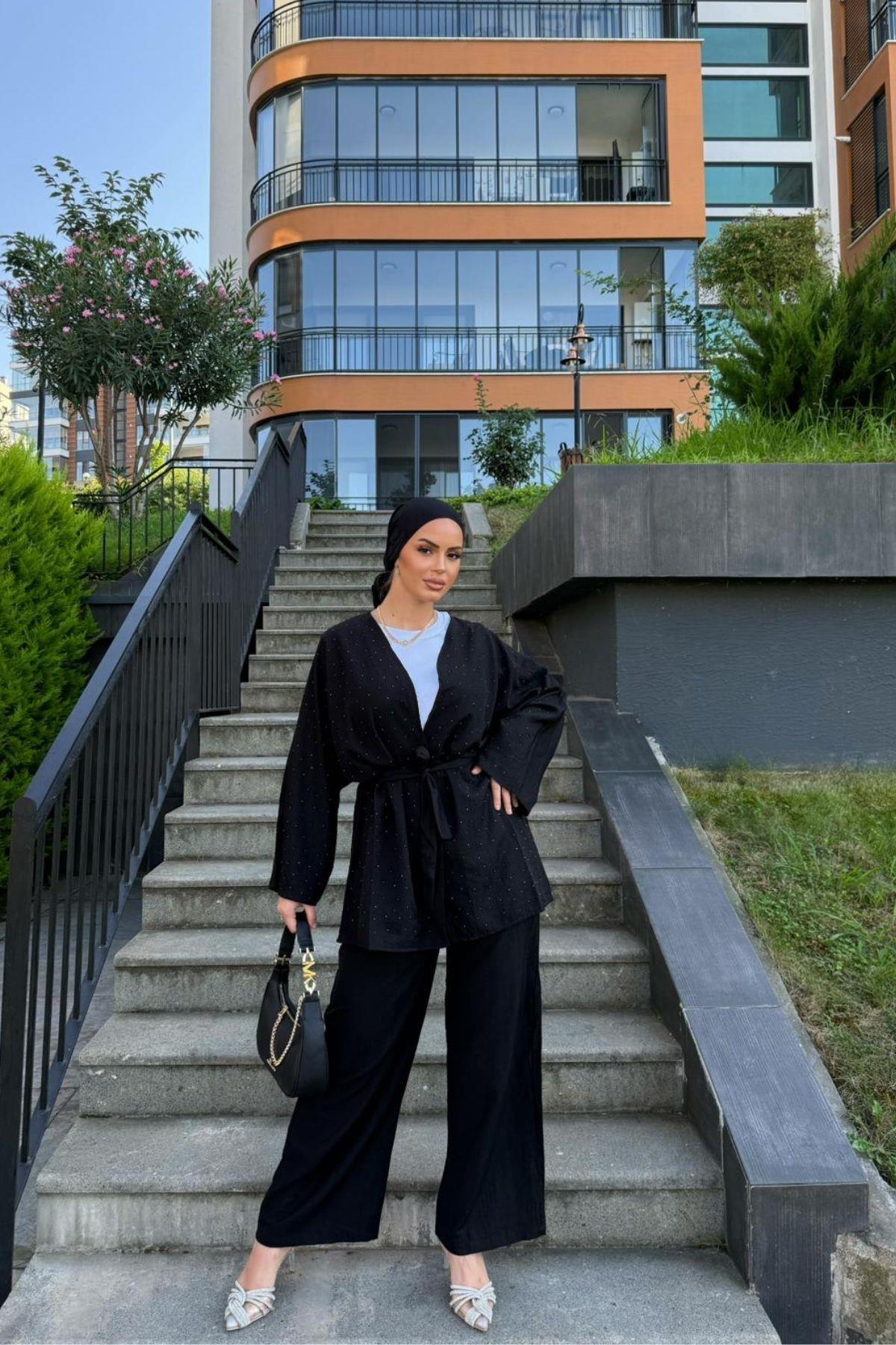 Kadın Siyah Taş Detaylı Kimono Takım
