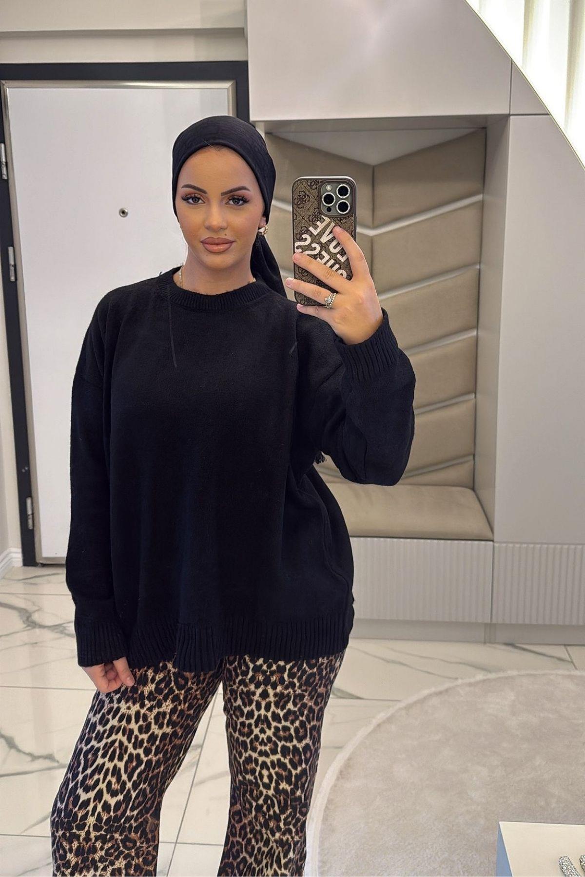 Kadın Siyah Yumoş Basıc Kazak