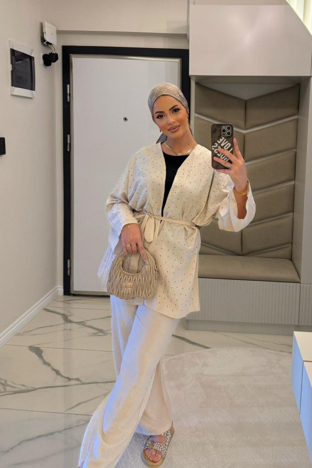 Kadın Taş Rengi Taş Detaylı Kimono Takım