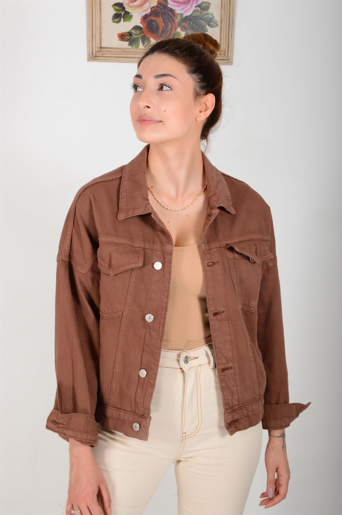 Kadın Kahverengi Örme Parça Boya Kot Ceket 6504 - Megapol Giyim