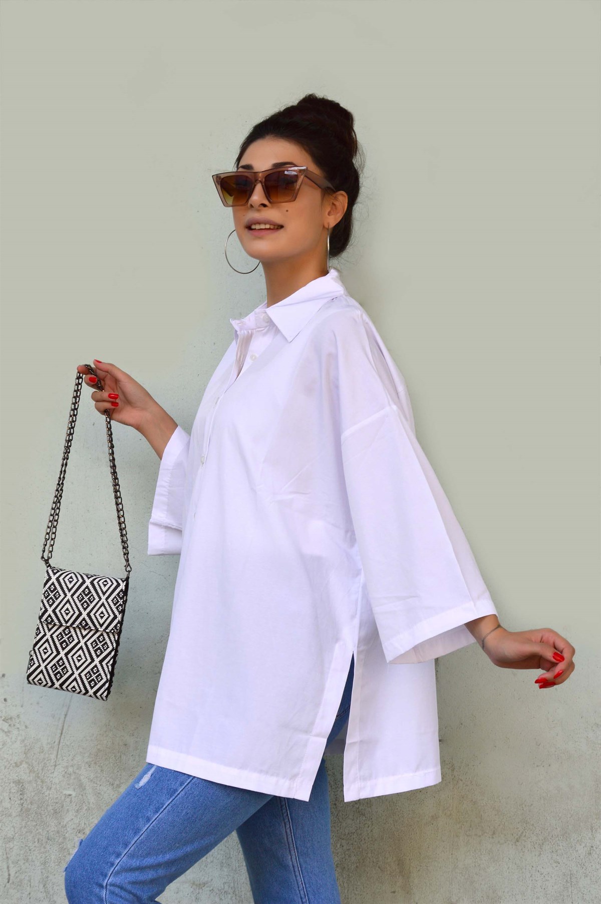 Kadın Beyaz Fakir Kol Viskos Gömlek - Megapol Giyim