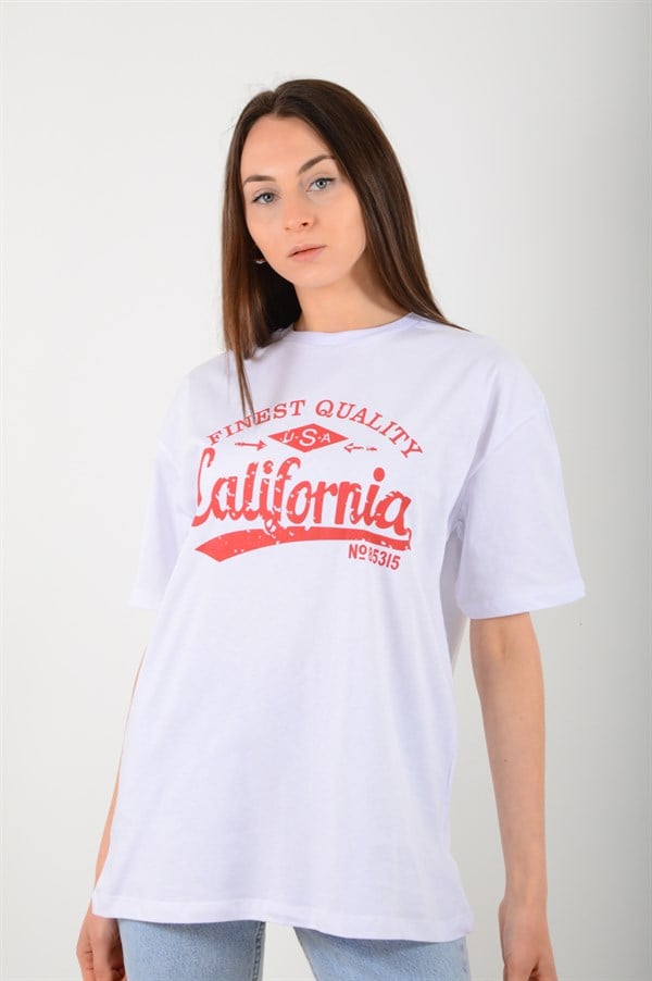 Kadın Beyaz California Baskılı Tişört 3663