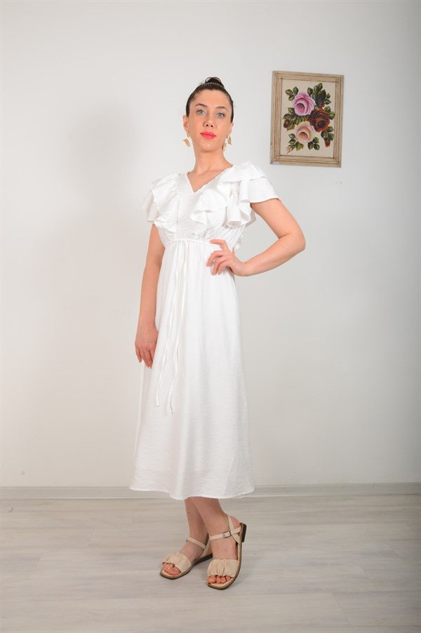 Kadın Beyaz Kolu Volanlı Gipeli Elbise 2690