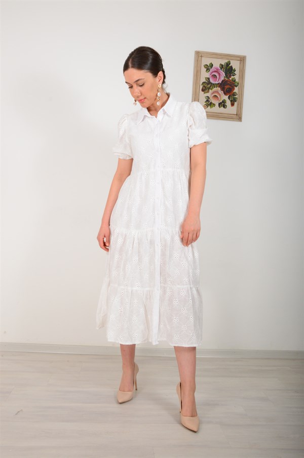 Kadın Beyaz Uzun Fistolu Düğmeli Elbise 3726
