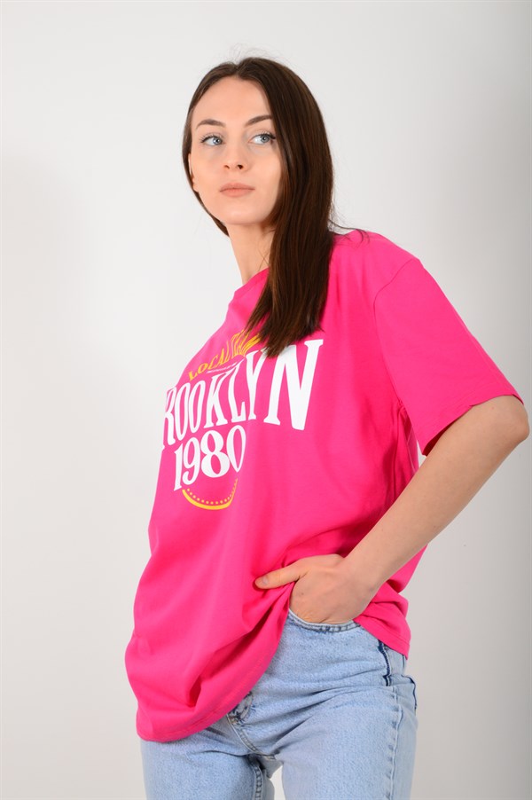 Kadın Fuşya Brooklyn Baskılı Tişört 3719