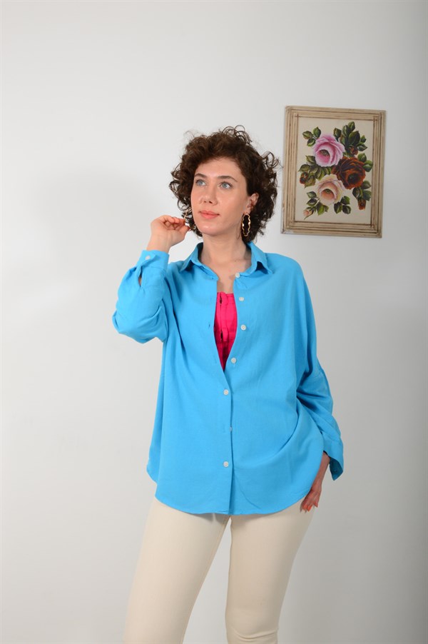 Kadın Mavi Oversize Gömlek 4476
