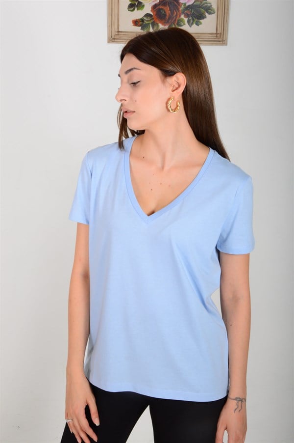 Kadın Mavi V Yaka Basic Tişört 3470