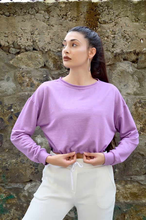 Kadın Lila Uzun Kollu Beli Lastikli Crop Bluz - Megapol Giyim