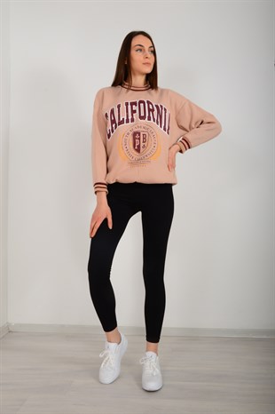 Kadın Bej California Basklı Sweat 3615