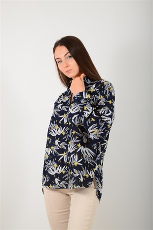 Kadın Lacivert Çiçek Desen Gömlek 40901