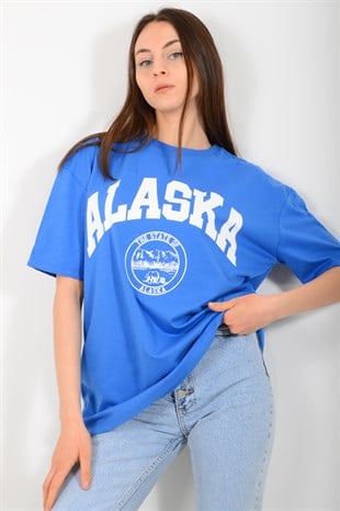 Kadın Mavi Alaska Baskılı Tişört 3661