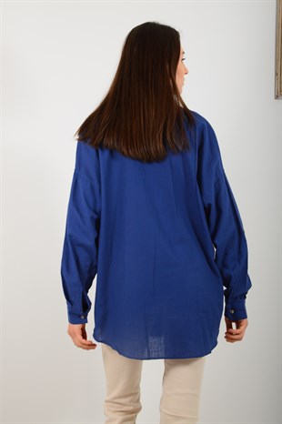 Kadın Mavi Etnik Desen Gömlek 4115