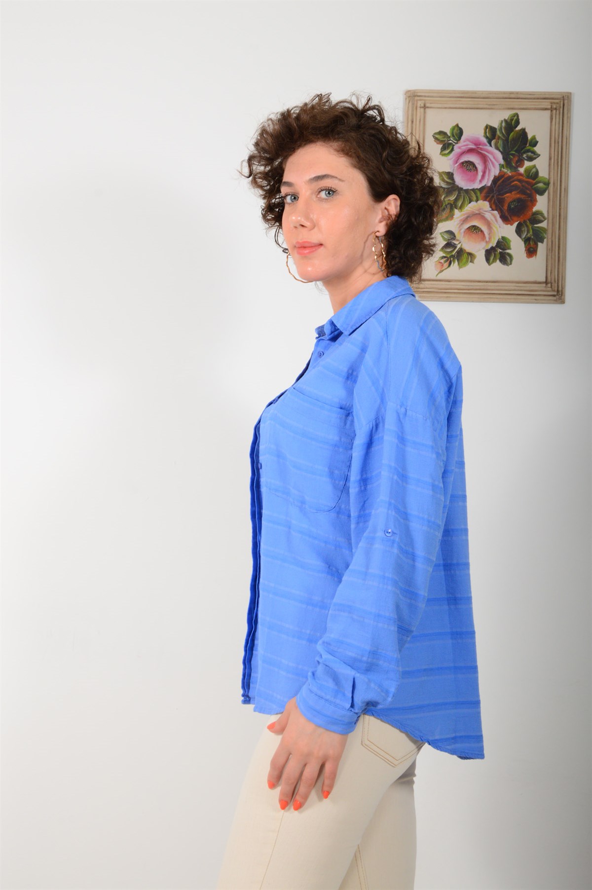 Kadın Mavi Kendinden Desenli Gömlek 4155